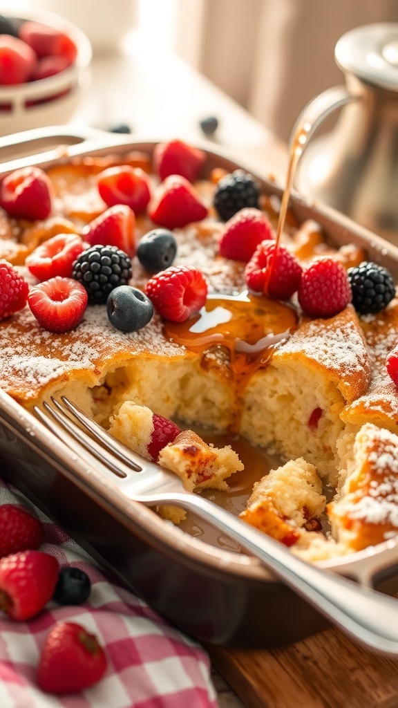 Baked French toast casserole with berries and powdered sugar, served in a rustic dish.